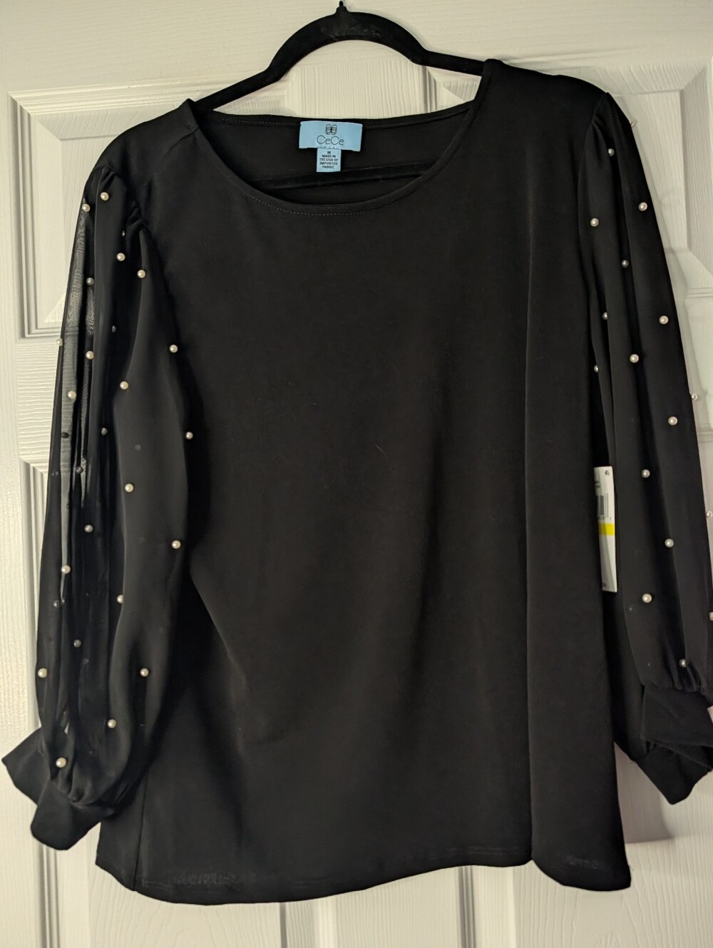 CeCe Women’s Medium Black Pearl Embellished Sheer Sleeve Blouse NWT